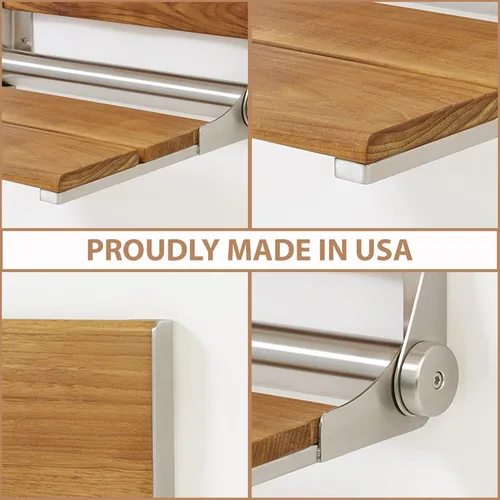 Miniatura 6 de Asiento de ducha de teca, madera de contorno, banco plegable de montaje en pared para ducha interior, asistencia de seguridad ADA, acero inoxidable
