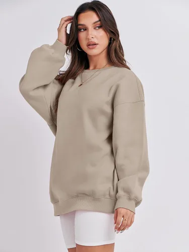 Miniatura 4 de Caracilia Sudaderas con capucha de forro polar de gran tamaño para mujer, cuello redondo, manga larga, suéter de moda de otoño 2024