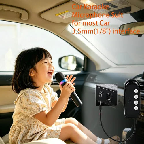 Miniatura 2 de Micrófono de karaoke para automóvil, micrófono dinámico recargable de mano dual con receptor auxiliar de entrada y salida de 0.138 in, micrófono