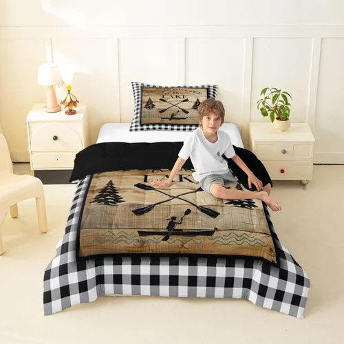 Miniatura 21 de Erosebridal Juego de edredón de reglas del lago, juego de ropa de cama tamaño matrimonial, edredón rústico para niños y niños, decoración de cabaña