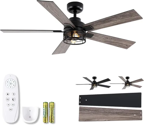 Miniatura 13 de Ventiladores de techo modernos con luces, ventilador de techo negro de 52 pulgadas para exteriores con luz y control remoto, motor CC reversible, 6
