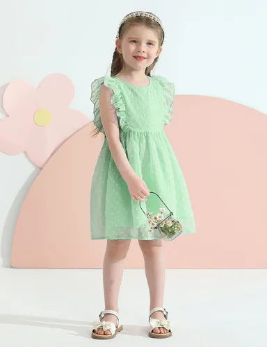Miniatura 4 de URMAGIC Vestidos de verano para niñas pequeñas, con volantes, sin mangas, con lunares suizos, vestido de fiesta sólido para 18M-6 años