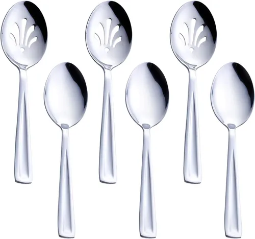 GoGeiLi Juego de servicio de acero inoxidable, 3 cucharas grandes y 3 cucharas ranuradas, juego de catering de 9.5 pulgadas para fiestas, banquetes,