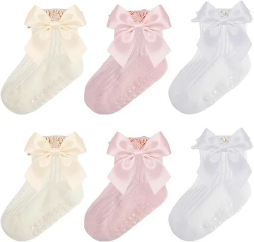 Miniatura 20 de Calcetines para bebé niña con agarre antideslizante con volantes con lazos, algodón suave, calcetines con empuñaduras para bebé recién nacido