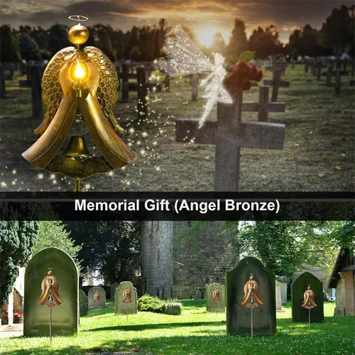 Miniatura 6 de Homight Luz solar de estaca de jardín – Ángel de metal solar cálida estaca luz regalo conmemorativo – Campana de ángel de bronce al aire libre