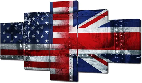 Arte de pared de concepto patriótico, pintura de bandera estadounidense y británica, lienzo de estrellas y rayas, 5 paneles, arte moderno americano