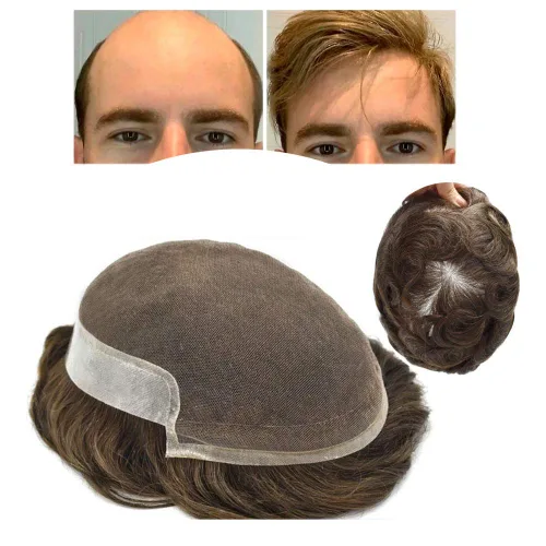 Miniatura 17 de Tupé de encaje suizo para hombres, piezas de cabello humano real, encaje frontal, sistema de reemplazo de cabello tipo tupé, nudo blanqueado, línea