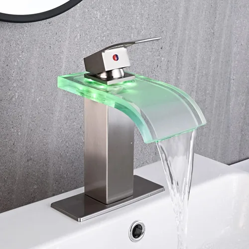 Miniatura 2 de AVSIILE Grifo de lavabo de baño LED, cascada de níquel cepillado, mango de un solo agujero, 1 agujero con drenaje desplegable de metal y 2 líneas