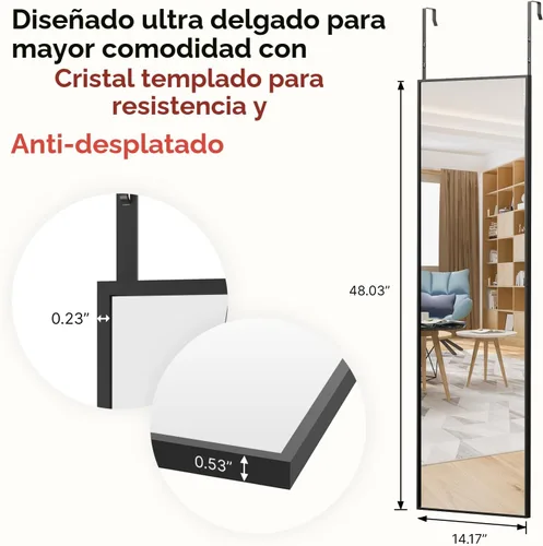 Miniatura 6 de Kosmonia - Espejo de puerta de longitud completa de 48x14 pulgadas de vidrio templado - Para colgar sobre la puerta, instalación sin perforación