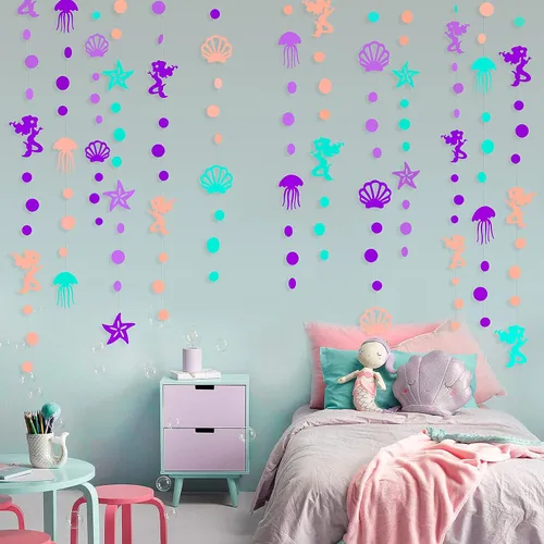 Miniatura 5 de Decoraciones de fiesta de sirena de 52 pies, guirnalda púrpura, verde azulado y coral con medusas, conchas marinas, estrellas de mar, perlas