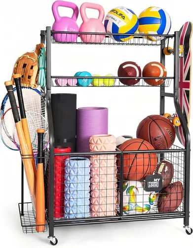Miniatura 8 de Mythinglogic Organizador de garaje para equipos deportivos, almacenamiento de bolas de garaje para equipo deportivo y juguetes, carrito de bolas