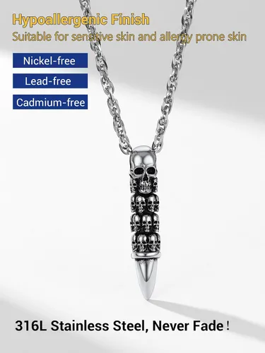 Miniatura 5 de Skull Bullet Charm Necklace for Men, Punk Style, Black18K Gold Plated Stainless Steel Goth Necklace, Halloween Jewelry