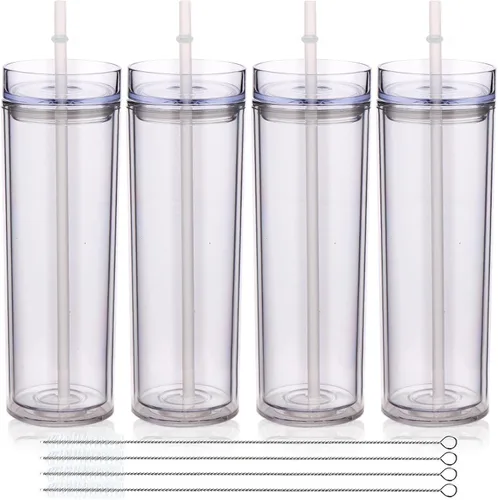 Miniatura 32 de Volhoply Paquete a granel de 4 vasos delgados de plástico de 20 onzas, vaso de doble pared con tapa y popote, taza reutilizable de viaje para café