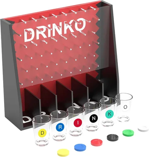 Fairly Odd Novelties Juego de beber DRINKO - Diversión social en grupo y en pareja con vasos de chupito, multicolor, vasos de vidrio, tablero