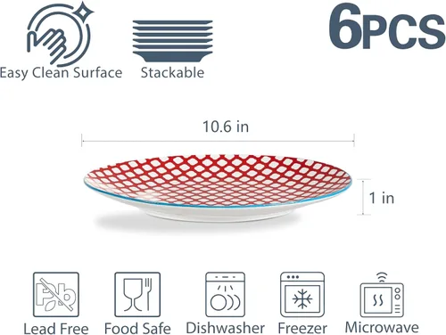 Miniatura 6 de ONEMORE - Juego de 6 platos de cena coloridos, platos de ensalada de porcelana de 10.5 pulgadas - Platos de cerámica grandes aptos para microondas