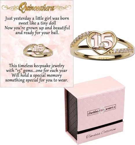 Miniatura 2 de Cherished Moments Anillo de plata de ley con corazón chapado en oro para regalo de quinceañera, regalo "Sweet 15" con 15 circonitas brillantes