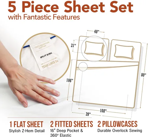 Miniatura 5 de TEXAS LINEN CO. Juego de sábanas de algodón egipcio Split King - 600 número de hilos, 5 piezas, sábanas blancas para cama ajustable, fibra 19: Raya
