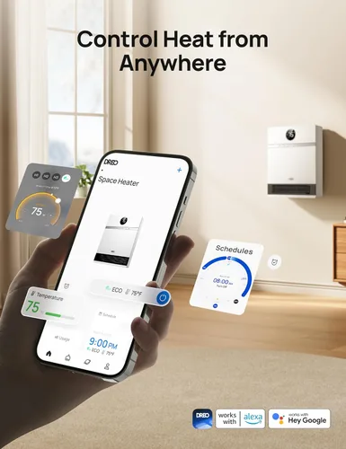 Miniatura 4 de Dreo Calentador de pared inteligente, calentadores eléctricos PTC IP24 para uso en interiores, oscilación de 30°, termostato ajustable, control