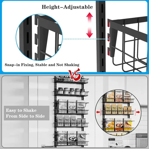 Miniatura 3 de Organizador de despensa sobre la puerta, cestas de metal ajustables de 8 niveles, estante de especias colgante, negro