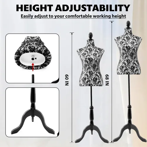 Miniatura 2 de Torso de maniquí hembra ajustable con base de trípode para exhibición (negro)