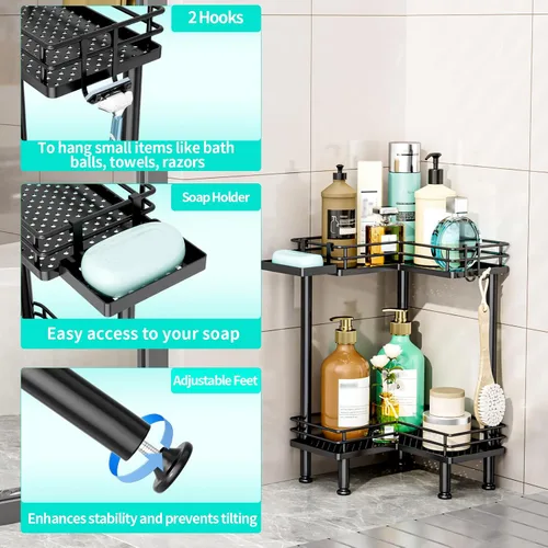 Miniatura 2 de HapiRm Organizador de ducha esquinero de pie, organizador de ducha de 2 niveles con soporte para jabón, organizador de pie de baño a prueba de óxido