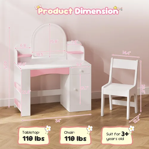 Miniatura 7 de Teckid Juego de tocador para niños con silla y luces, escritorio de maquillaje de princesa 2 en 1, mesa de tocador para niños pequeños con espejo