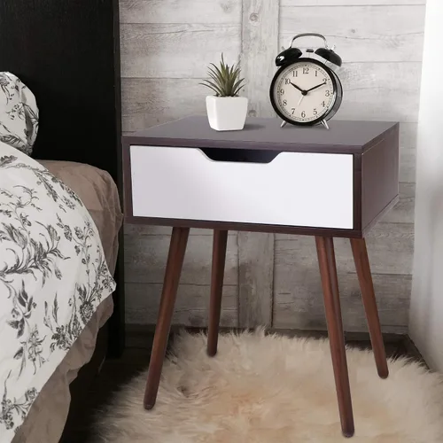 Miniatura 6 de SUPER DEAL Mesa auxiliar moderna de mediados de siglo con cajón, mesa pequeña con patas de madera, cajón deslizante y mango sonriente para espacio