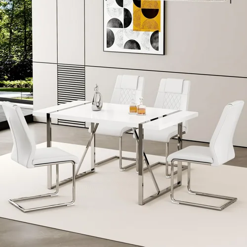 Juego de mesa de comedor moderno de 55 pulgadas para 4 personas, superficie de mesa blanca y estructura de metal plateado, mesa rectangular para