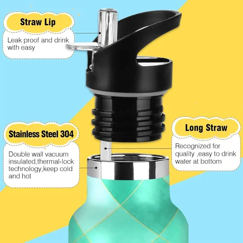 Miniatura 3 de Kids Water Bottle with Straw for School Leakproof Sports Water Bottle for Boys Girls 20oz, BPA-Free, Turquoise Aqua Diamond Tiles