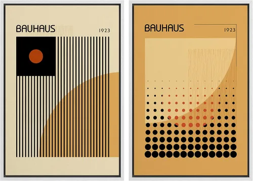 Miniatura 100 de IDEA4WALL Lienzo enmarcado para pared, juego de arte Bauhaus dorado de mediados de siglo, patrón de cuadrícula moderna, ilustraciones con formas