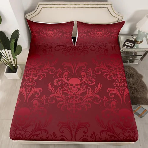 Miniatura 14 de Sábanas de cama góticas de damasco para adultos, sábana bajera ajustable victoriana antigua, sábanas góticas florales vintage, juego de ropa de cama