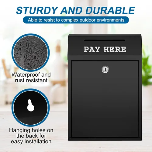 Miniatura 2 de Yaocom Caja fuerte de dinero para recolección de dinero, caja de donación de metal con cerradura para montaje en pared preperforado, buzón de Negro