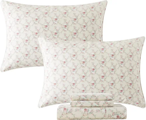 Miniatura 53 de FADFAY Juego de sábanas tamaño King, 100% algodón, elegante ropa de cama de granja con hojas verdes menta y flores blancas, sábana suave