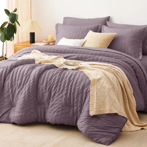 Miniatura 41 de CozyLux Juego de ropa de cama con edredón tamaño King Beige Seersucker de 7 piezas, juego de cama en una bolsa, con edredón, sábanas, fundas