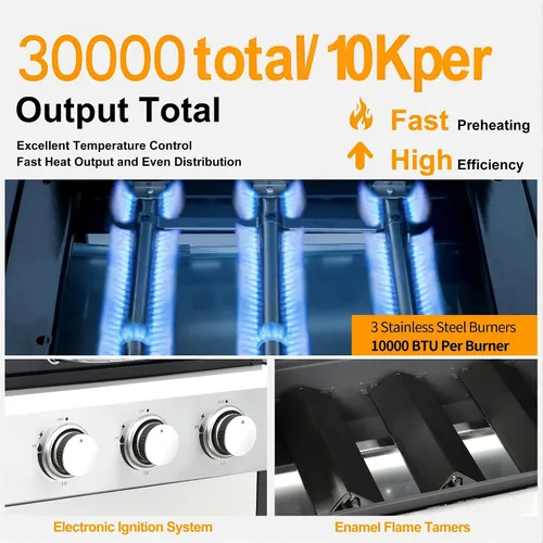 Miniatura 4 de Parrilla de gas propano de 3 quemadores de acero inoxidable, salida de 30,000 BTU, rejillas de esmalte de porcelana, sistema de calefacción uniforme