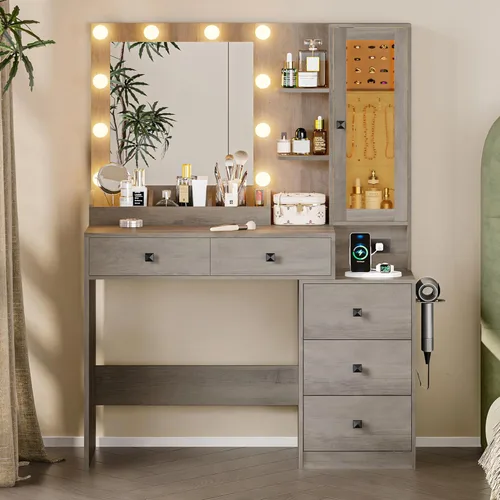 Miniatura 9 de Escritorio de tocador con espejo y luces, tocador de maquillaje negro con 5 cajones, organizador de joyas oculto y gabinete de cristal LED, 3 modos