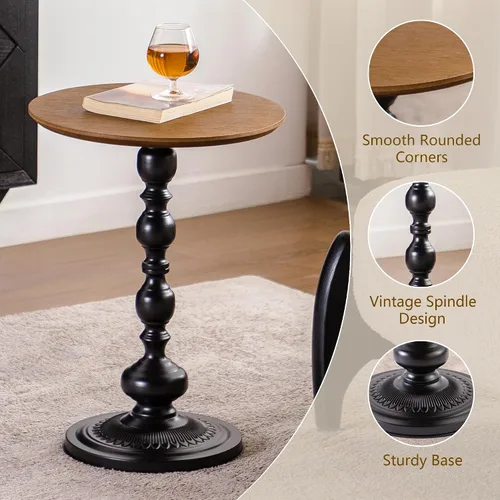 Miniatura 4 de Framhose - Mesa auxiliar redonda, mesa auxiliar pequeña con parte superior de madera y base negra, mesa de pedestal para sala de estar, esquinas