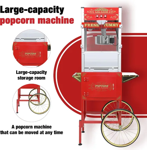 Miniatura 5 de Máquina comercial de palomitas de maíz de 20 onzas con carrito - 100 tazas, hervidor de acero inoxidable, luz de calentamiento - Palomitero portátil