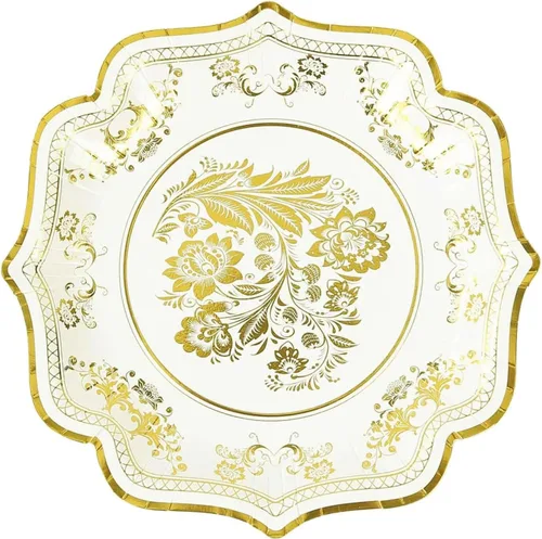 Miniatura 7 de Efavormart - Paquete de 25 platos llanos de papel francés de 10 pulgadas, color blanco y dorado, 300 GSM, resistentes con borde festoneado