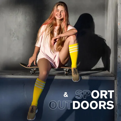 Miniatura 5 de Komorebi Calcetines altos hasta la rodilla para mujer, a rayas, atléticos, para deportes al aire libre, medias altas hasta el muslo