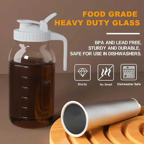 Miniatura 3 de JunVpic Tarro para cafetera fría – Tapa multiusos de vidrio grueso de 64 onzas con asa y filtro de acero inoxidable para café helado, limonada, té