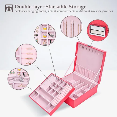 Miniatura 2 de Joyero para mujeres, niñas, novia, esposa, organizador de joyas de cuero grande, estuche de almacenamiento con dos capas para aretes, pulseras