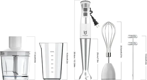 Miniatura 6 de Batidora de inmersión manual, UTALENT 5 en 1 de 8 velocidades con picadora de alimentos de 500 ml, recipiente de 600 ml, espumador de leche, batidor