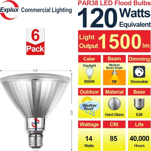 Miniatura 2 de Explux LED PAR38 de grado comercial, equivalente a 120 W, 1500 lúmenes, 40000 horas, bombillas clásicas de vidrio completo, regulables, impermeables