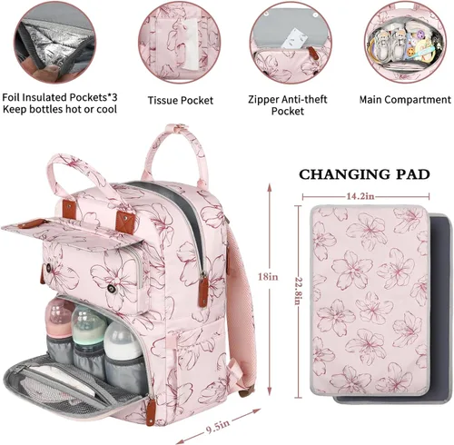 Miniatura 3 de Mochila para pañales, mochila grande para pañales con cambiador portátil, bolsas de pañales para niñas, mochila de viaje floral multifunción