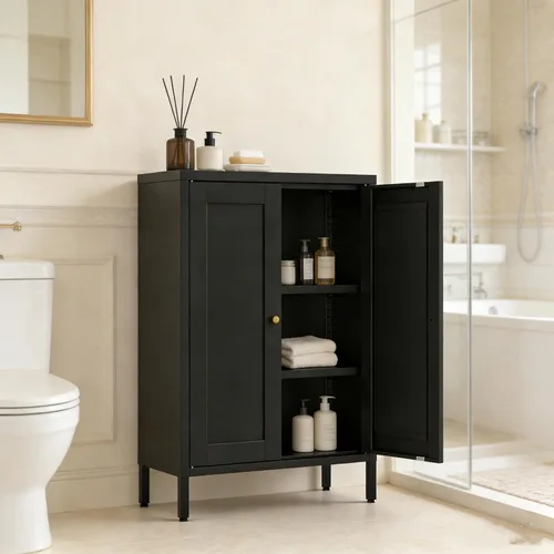 Miniatura 7 de Gabinete de Almacenamiento de Metal para Baño, Gabinete Aparador Negro con Puertas de Vidrio y Estantes Ajustables, Pequeños Gabinetes de Metal