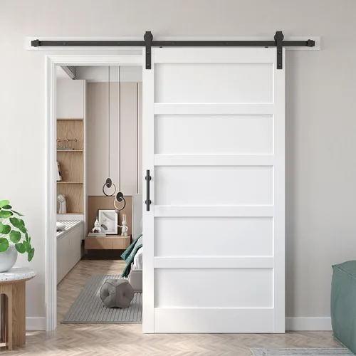 Miniatura 48 de Fredbeck Puerta de granero blanca de 30 x 84 pulgadas con kit de herrajes para puerta corredera de 5.5 pies incluido y asa, sólida, MDF, superficie