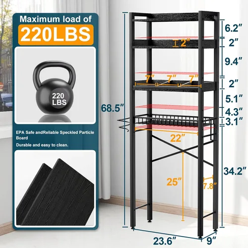 Miniatura 2 de Gabinete de almacenamiento sobre el inodoro, organizador de baño de 4 niveles y almacenamiento con estante ajustable, almohadilla impermeable
