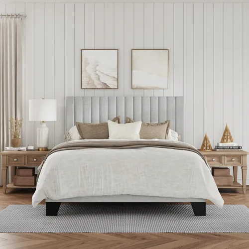IOILORI Base de cama tamaño completo, cama de plataforma tapizada en tela con cabecera ajustable, marco resistente y listones de madera, silenciosa,
