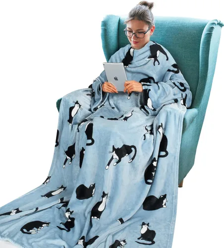 Miniatura 17 de Tirrinia Manta de Forro Polar Vestible con Capucha y Mangas para Adultos Mujeres y Hombres, Súper Suave Cómoda de Felpa Funcional Manta de TV Throw